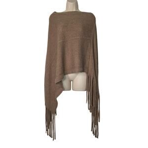 Fringe Cape Poncho Sweater Womens One Size Brown Knit Asymmetrical Boho Fall